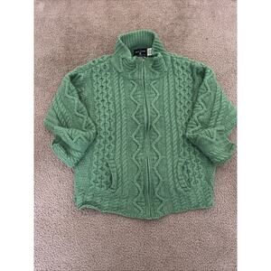THE IRISH STORE Sweater Knit Full Zip Womans Large 100% Merino Wool Green